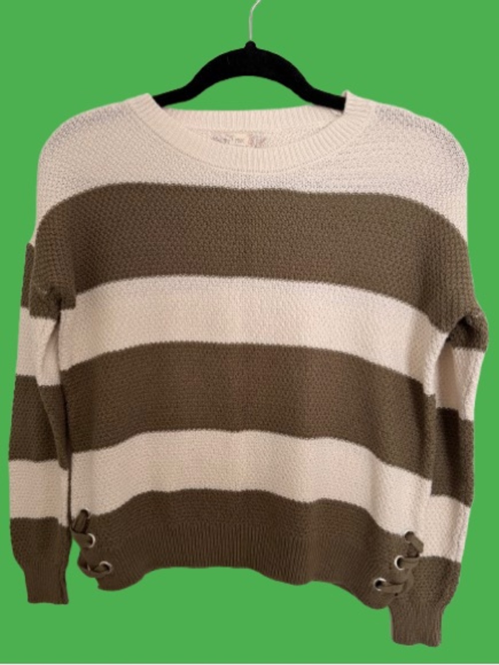 Pink Republic Striped Crewneck Sweater in Cream and Olive | Size Small